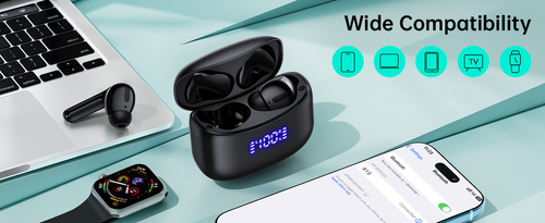 Wireless Earbuds, Bluetooth Ear Buds Headphones, 60H Long Playtime, Stereo Deep Bass, LED Power Display, IPX7 Sport Waterproof, Lightweight in-Ear Earphones with Mic for iPhone Android PC TV Computer