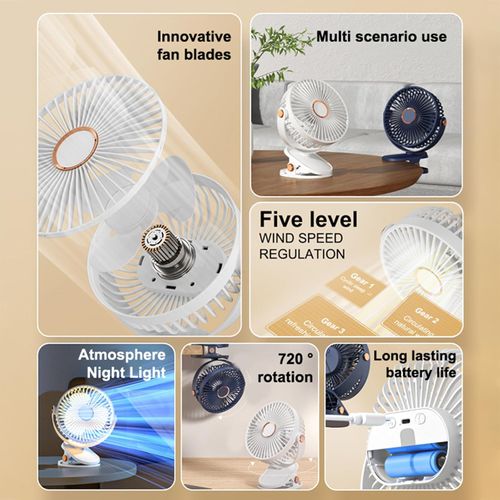 3 in 1 Portable Clip Fan with Hook, 360° Adjustable Desk Fan with 3-speed LED Light, 5 Speeds Quiet Cooling Fan, Strong Wind
