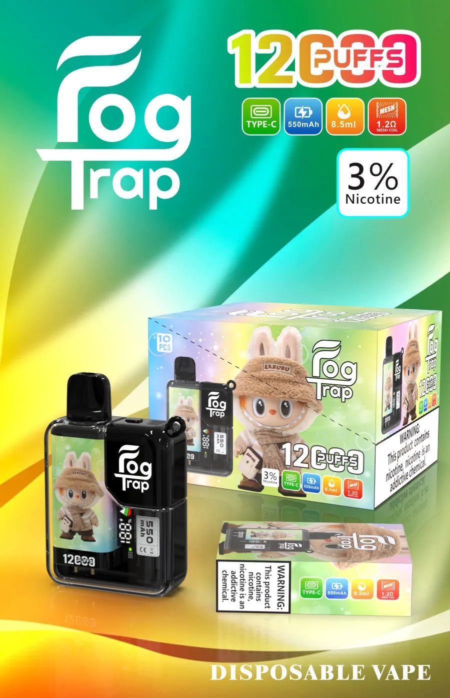 Fog Trap 拉布布系列 12000口拋棄式電子煙 一次性電子煙 LABUBU 聯名款10款口味 8.5ml 大容量・LCD 顯示・Type-C 充電 台灣現貨