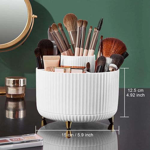 1pc ABERZEY 360° Rotating Makeup Organizer - 5-Compartment Durable Plastic Cosmetic & Desk Storage with Luxury Stripe Design, Freestanding No-Power Rotating Caddy for Brushes, Lipsticks, Skincare, Stationery, Makeup Brush Holder