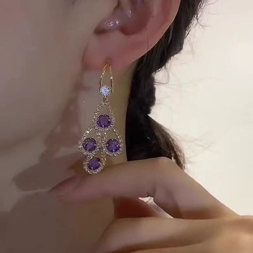 Gold Earrings with Purple Diamonds, Bohemian Style