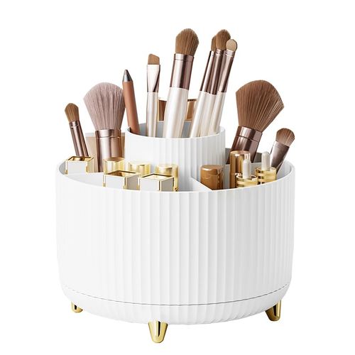 1pc ABERZEY 360° Rotating Makeup Organizer - 5-Compartment Durable Plastic Cosmetic & Desk Storage with Luxury Stripe Design, Freestanding No-Power Rotating Caddy for Brushes, Lipsticks, Skincare, Stationery, Makeup Brush Holder
