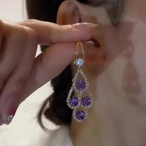 Gold Earrings with Purple Diamonds, Bohemian Style