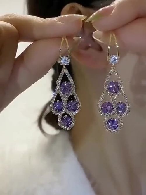 Gold Earrings with Purple Diamonds, Bohemian Style