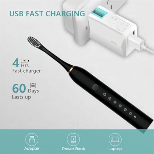JIMBOBO Electric Toothbrush for Adults and Kids, Sonic Powerd Whitening Toothbrush with 8 Brush Heads, 6 Cleaning Modes, 2 Mins Smart Timer, 42000 VPM, USB Rechargeable, One Charge for 60 Days (Black)