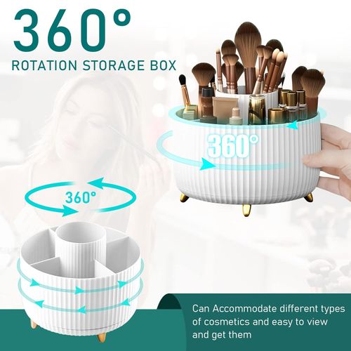 1pc ABERZEY 360° Rotating Makeup Organizer - 5-Compartment Durable Plastic Cosmetic & Desk Storage with Luxury Stripe Design, Freestanding No-Power Rotating Caddy for Brushes, Lipsticks, Skincare, Stationery, Makeup Brush Holder