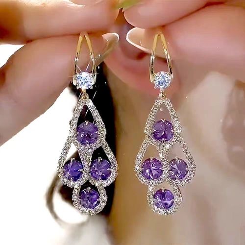 Gold Earrings with Purple Diamonds, Bohemian Style