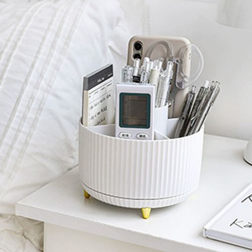 1pc ABERZEY 360° Rotating Makeup Organizer - 5-Compartment Durable Plastic Cosmetic & Desk Storage with Luxury Stripe Design, Freestanding No-Power Rotating Caddy for Brushes, Lipsticks, Skincare, Stationery, Makeup Brush Holder