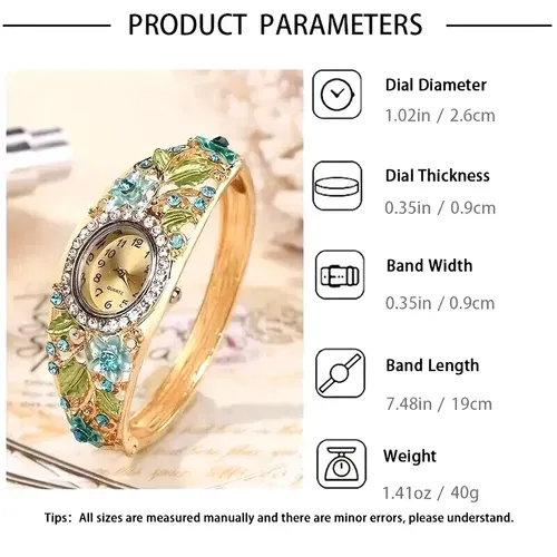 Vintage 4PCS Watch Gift Set Fashion Flower Green Diamond Women Watch Quartz Ladies Watch
