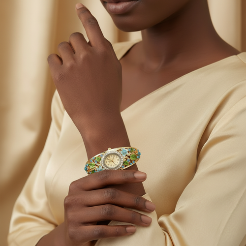 Vintage 4PCS Watch Gift Set Fashion Flower Green Diamond Women Watch Quartz Ladies Watch