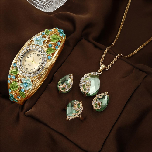Vintage 4PCS Watch Gift Set Fashion Flower Green Diamond Women Watch Quartz Ladies Watch