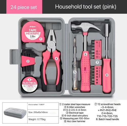 24pc Pink Carbon Steel Manual DIY Tool Kit Set Complete Basic House Tool Box Easy Carry Ladies Office Garage Use Customized OEM