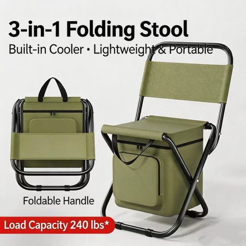 3-in-1 portable folding chair for camping and fishing, with insulated cooler bag and side pocket.