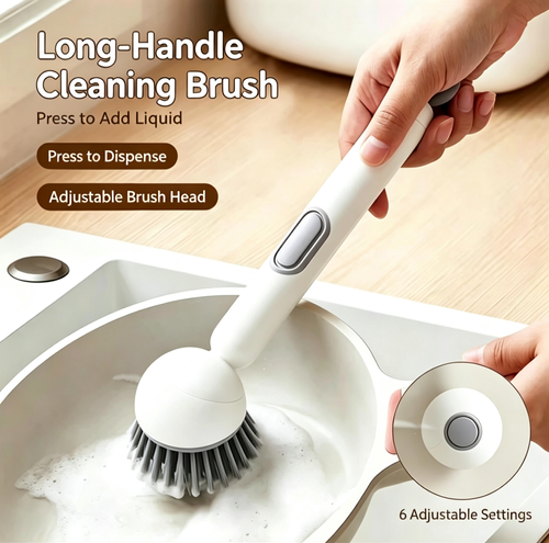 Multi‑Scene 360° Rotating Pot Scrub Brush with Liquid‑Dispensing Handle