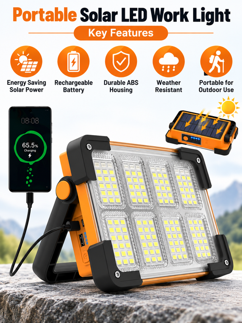 Portable Solar LED Work Light with USB Charging and Adjustable Stand