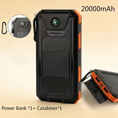 20000mAh Solar Power Bank, Dual‑USB, LED & Compass, Outdoor‑Ready