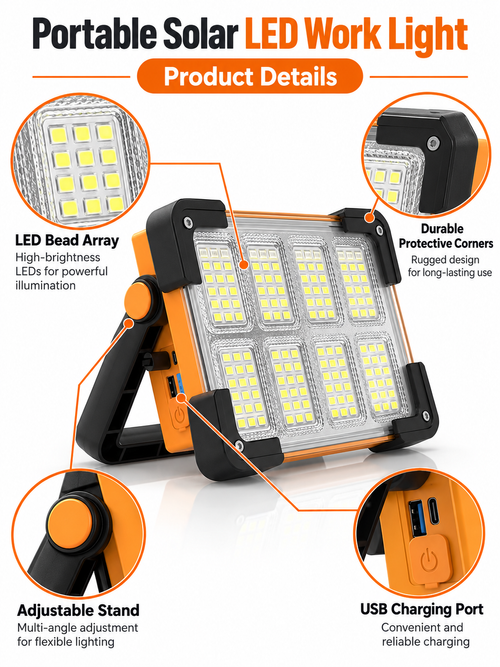 Portable Solar LED Work Light with USB Charging and Adjustable Stand