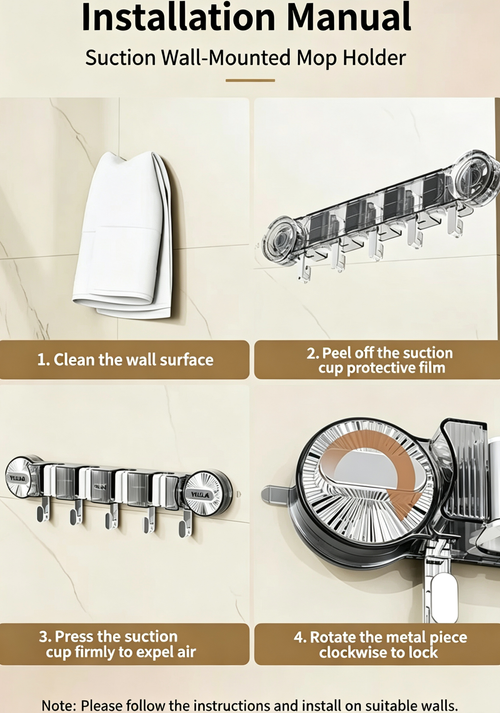 Suction Mop Rack | No‑Drill With Hooks