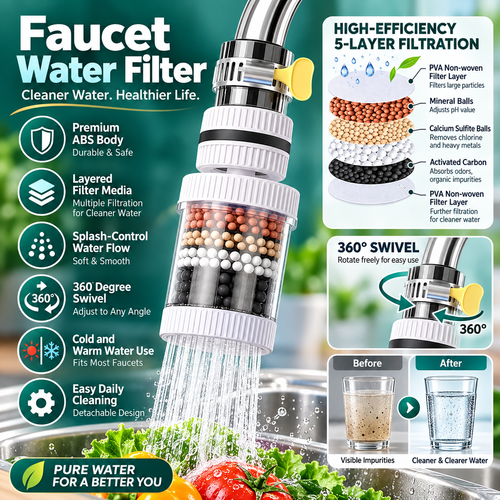 360 Degree Rotating Faucet Water Filter Multi Layer Filtration Universal Faucet Attachment