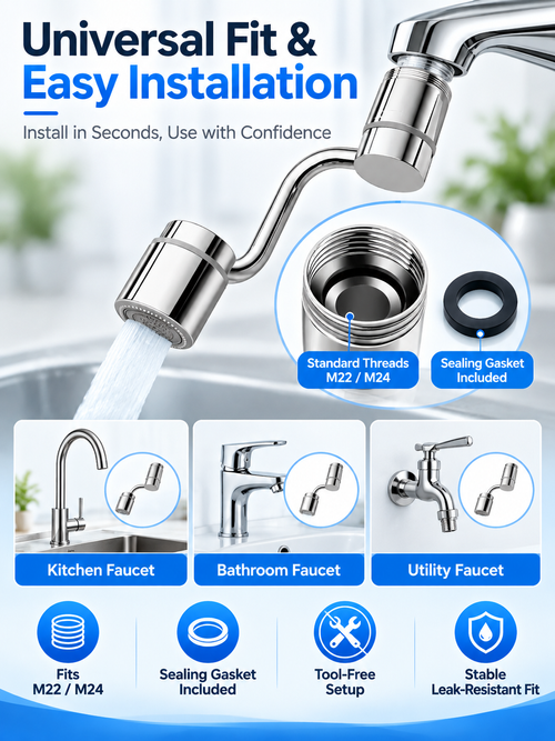 1080° Rotating Faucet Extender with Dual Water Modes – Brass Aerator, M22  M24 Universal Fit