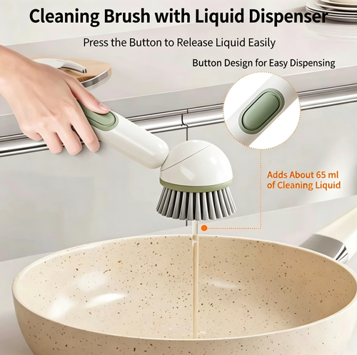 Multi‑Scene 360° Rotating Pot Scrub Brush with Liquid‑Dispensing Handle