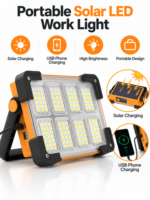 Portable Solar LED Work Light with USB Charging and Adjustable Stand