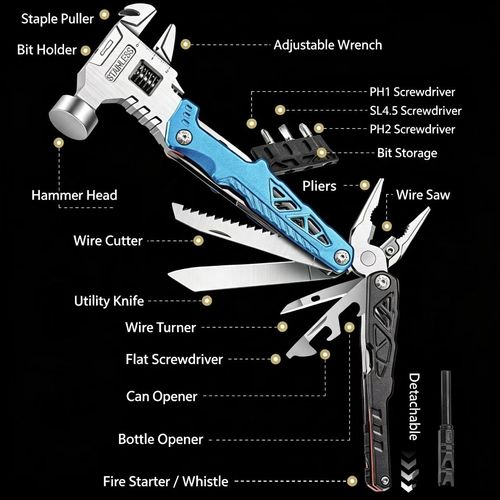 LERAN Multi-functional Emergency Safety Hammer Wrench, Portable Folding Multi-tool Pliers for Camping & Car Use