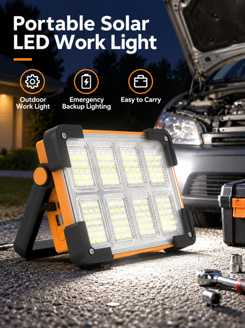 Portable Solar LED Work Light with USB Charging and Adjustable Stand