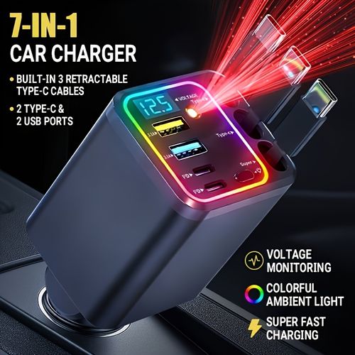 140W 7 In 1 Fast Car Charger with Retractable Cables LED Display And Ambient Light Multi Port Usb Type C Charging 180 Degree Adjustable Plug All In One Car Phone Charger for Travel And Daily Use