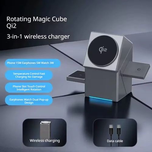 Magic Cube 3 in 1 Self-Rotating Magnetic Wireless Charger 15W Fast Charging PD & OVP Protection, Wireless SmartPhone Charger