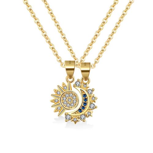 2Pcs Set Magnetic Couple Matching Necklace Stainless Steel Sun and Moon Heart Pendant Necklaces for Birthday Valentine's Day