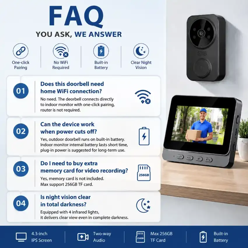 Wireless No‑WiFi Visual Smart Doorbell,4.3 Inch Monitor Two‑Way Intercom Infrared Night Vision Home Security Video Doorbell