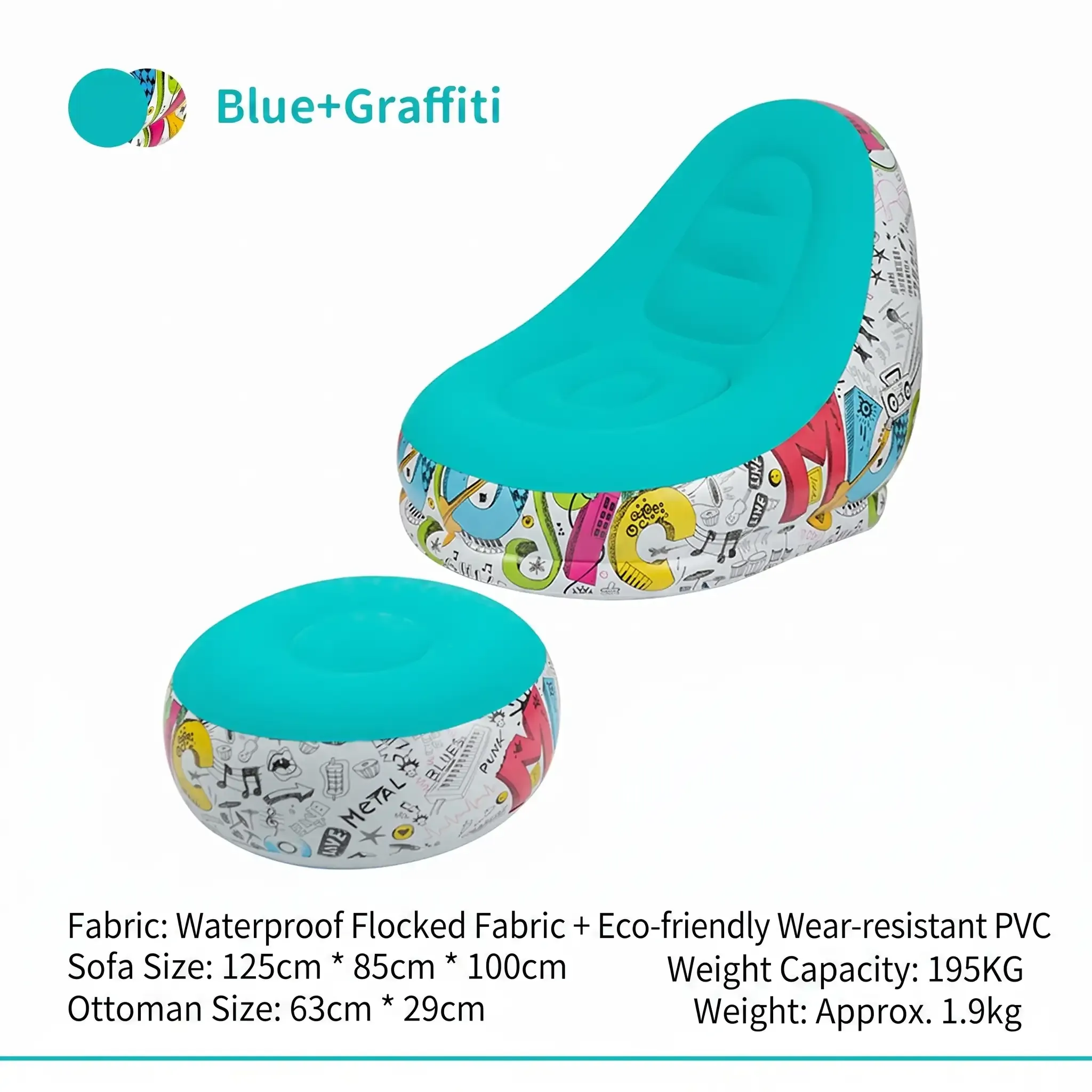 Flocked Inflatable Lazy Sofa Set With Footstool,195KG High Load Ergonomic Sit & Lie PVC Sofa For Camping Backyard Leisure Multi‑Colors