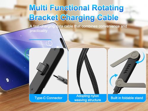 2-in-1 240W Type-C to Type-C Fast Charging Cable, 360° Rotatable Foldable Stand, Data Sync, Nylon Braided Charger Cord for Phone, Laptop and Tablet