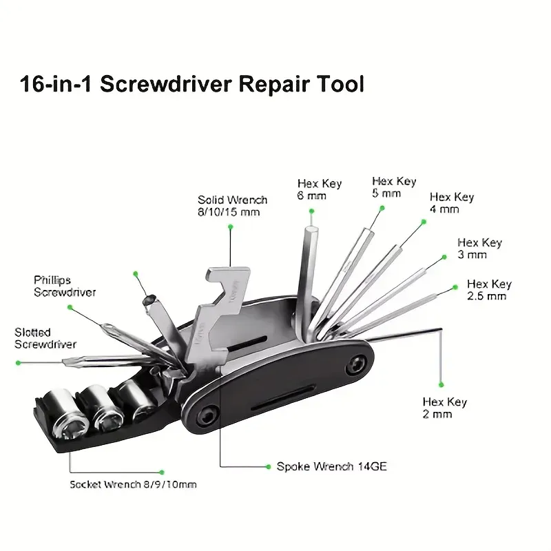 16‑in‑1 Folding Multi‑Tool Portable Steel Repair Kit for Bicycle Motorcycle Furniture Household Maintenance