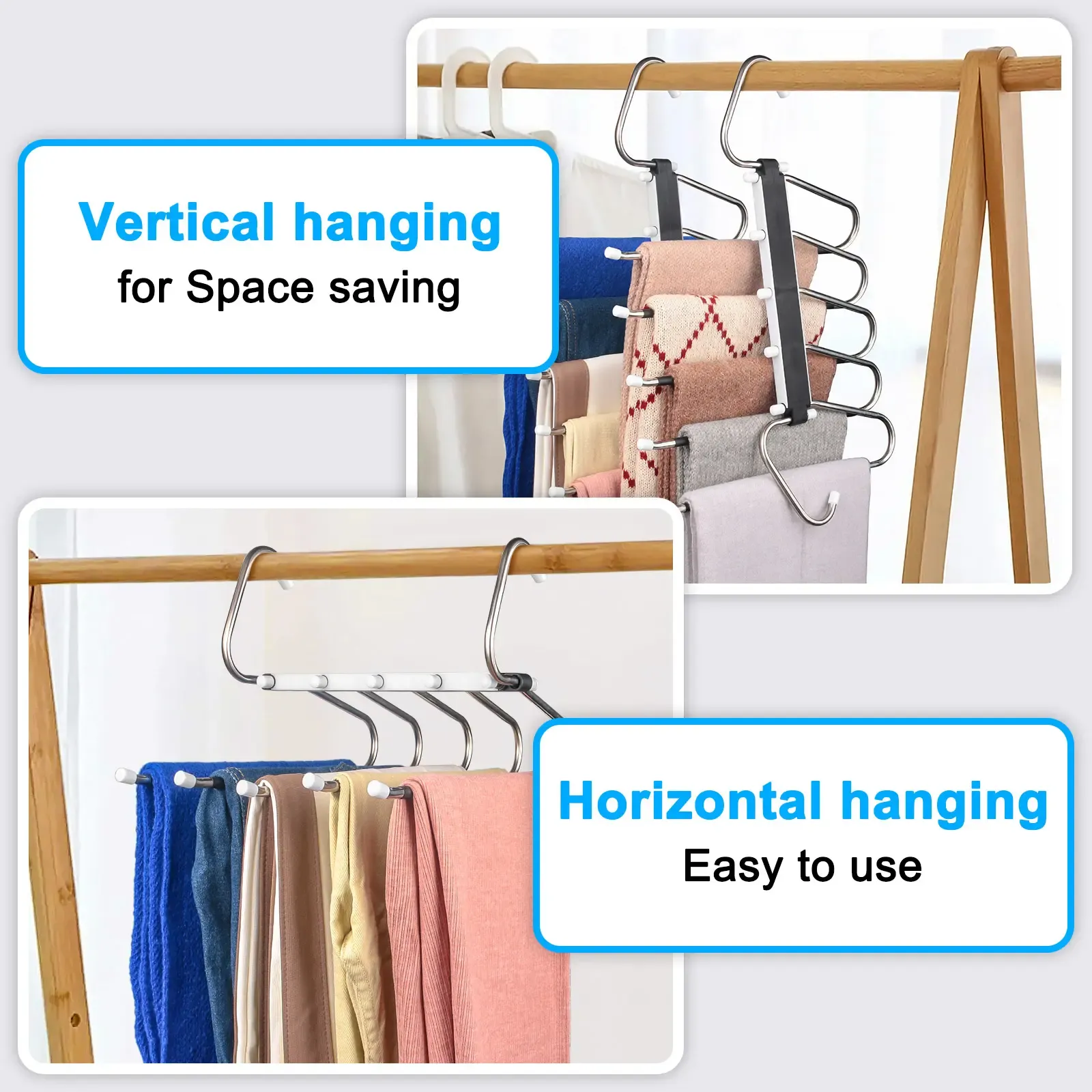 5‑Layer Multifunctional Stainless Steel Pants Hanger, Horizontal & Vertical Dual‑Use Non‑Slip Space‑Saving Closet Organizer for Pants Scarf Tie