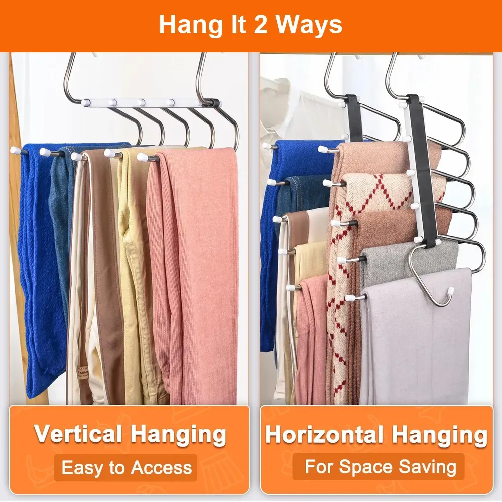 5-Layer Space Saving Pants Hanger 2-Pack — Stainless Steel Non-Slip Trouser Rack for Wardrobe, Home & Dorm in Ghana