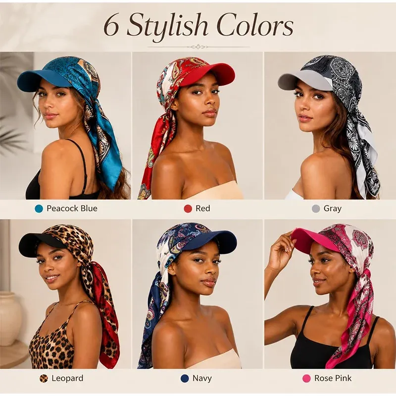 Women Satin Printed Visor Scarf Hat All In One Head Wrap Outdoor Sun Protection Turban For Vacation Driving