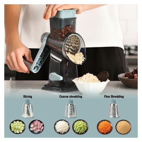 3-in-1 Manual Rotary Grater & Slicer — Hand Crank Vegetable Shredder with 3 Stainless Steel Drums & Suction Base for Salads, Coleslaw, Shito & Jollof Prep — No Power Needed, Transparent Blue