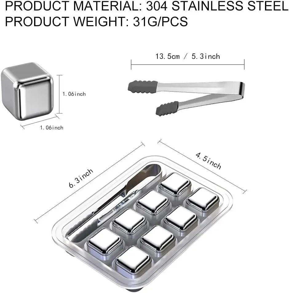 Reusable 304 Stainless Steel Whiskey Chilling Stones, No Liquor Dilution, Avoid Water Source Secondary Pollution, Home Bar Party Cooling Accessories with Ice Tongs