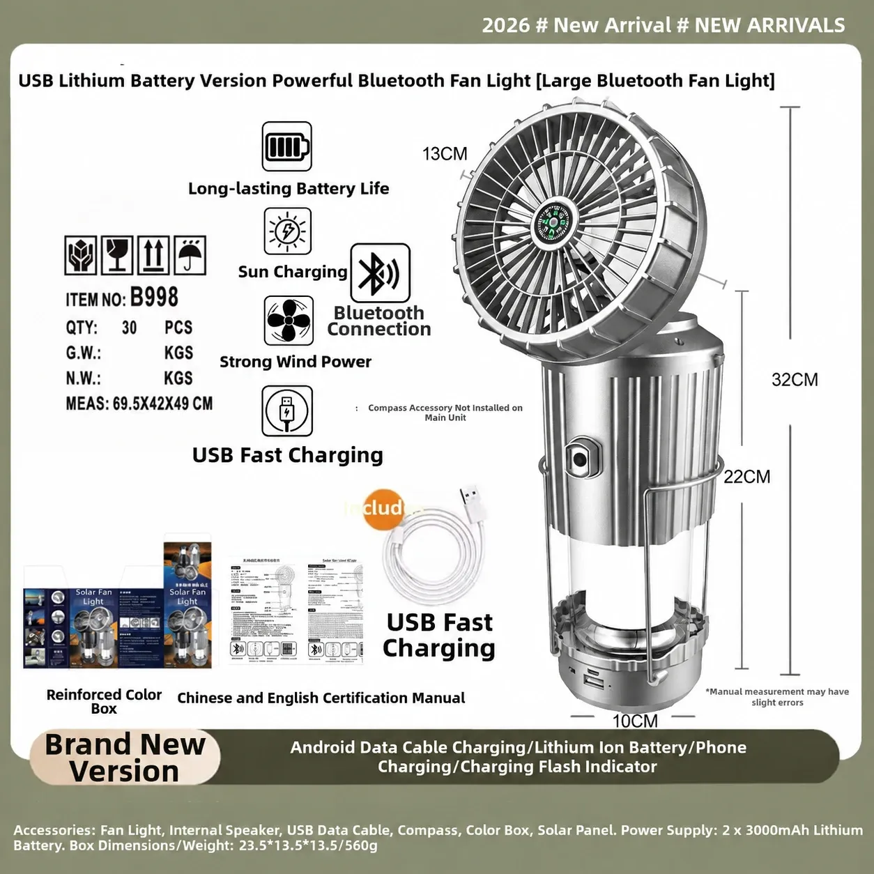 Multi‑Function Solar Bluetooth Fan Camping Lantern With Fan Speaker Emergency Power Bank Hand‑Hanging Light For Camping Fishing