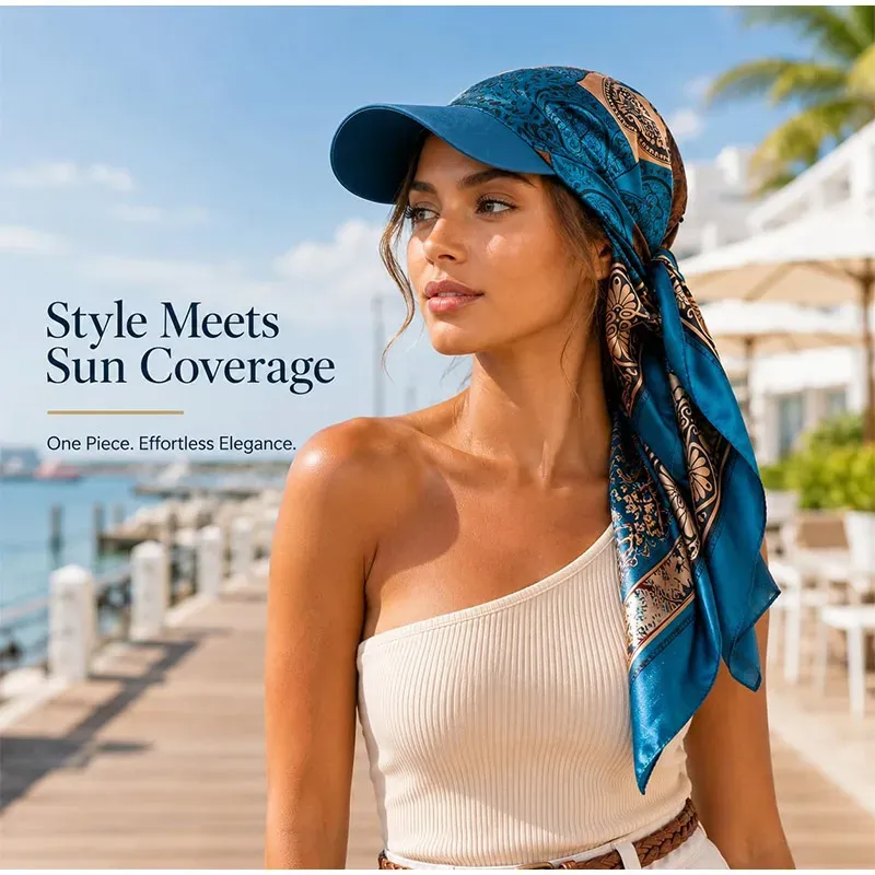 Women Satin Printed Visor Scarf Hat All In One Head Wrap Outdoor Sun Protection Turban For Vacation Driving