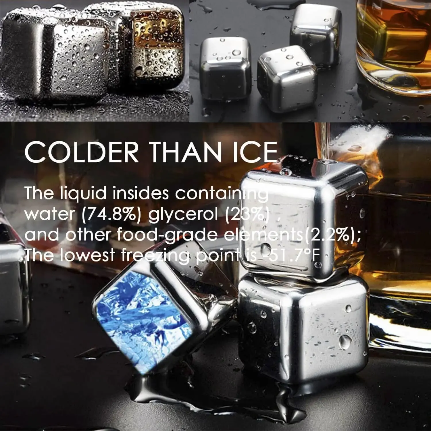 Reusable 304 Stainless Steel Whiskey Chilling Stones, No Liquor Dilution, Avoid Water Source Secondary Pollution, Home Bar Party Cooling Accessories with Ice Tongs