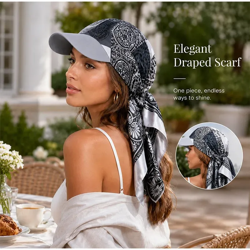 Women Satin Printed Visor Scarf Hat All In One Head Wrap Outdoor Sun Protection Turban For Vacation Driving