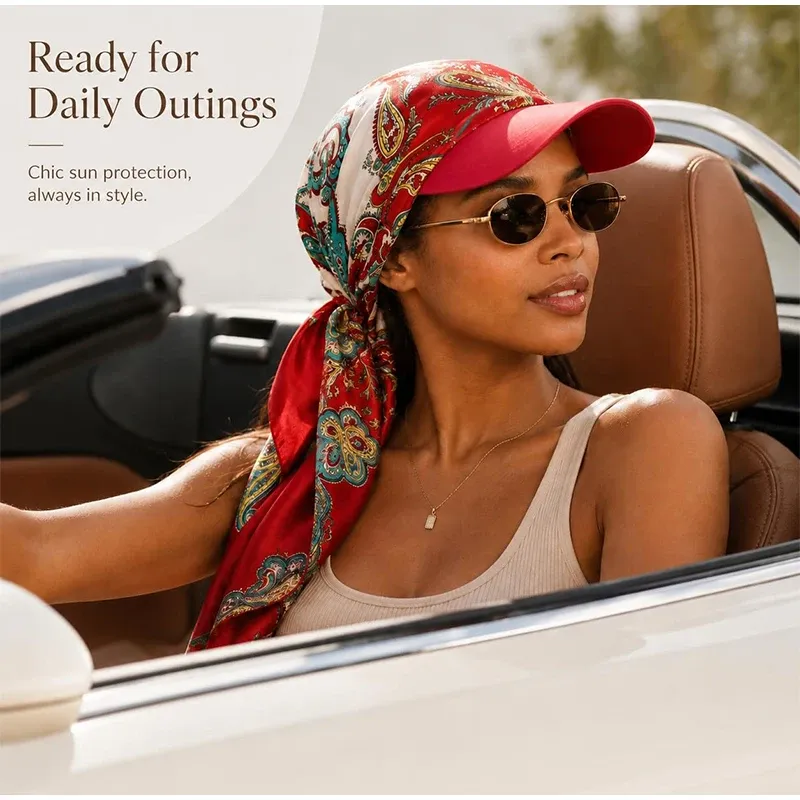 Women Satin Printed Visor Scarf Hat All In One Head Wrap Outdoor Sun Protection Turban For Vacation Driving