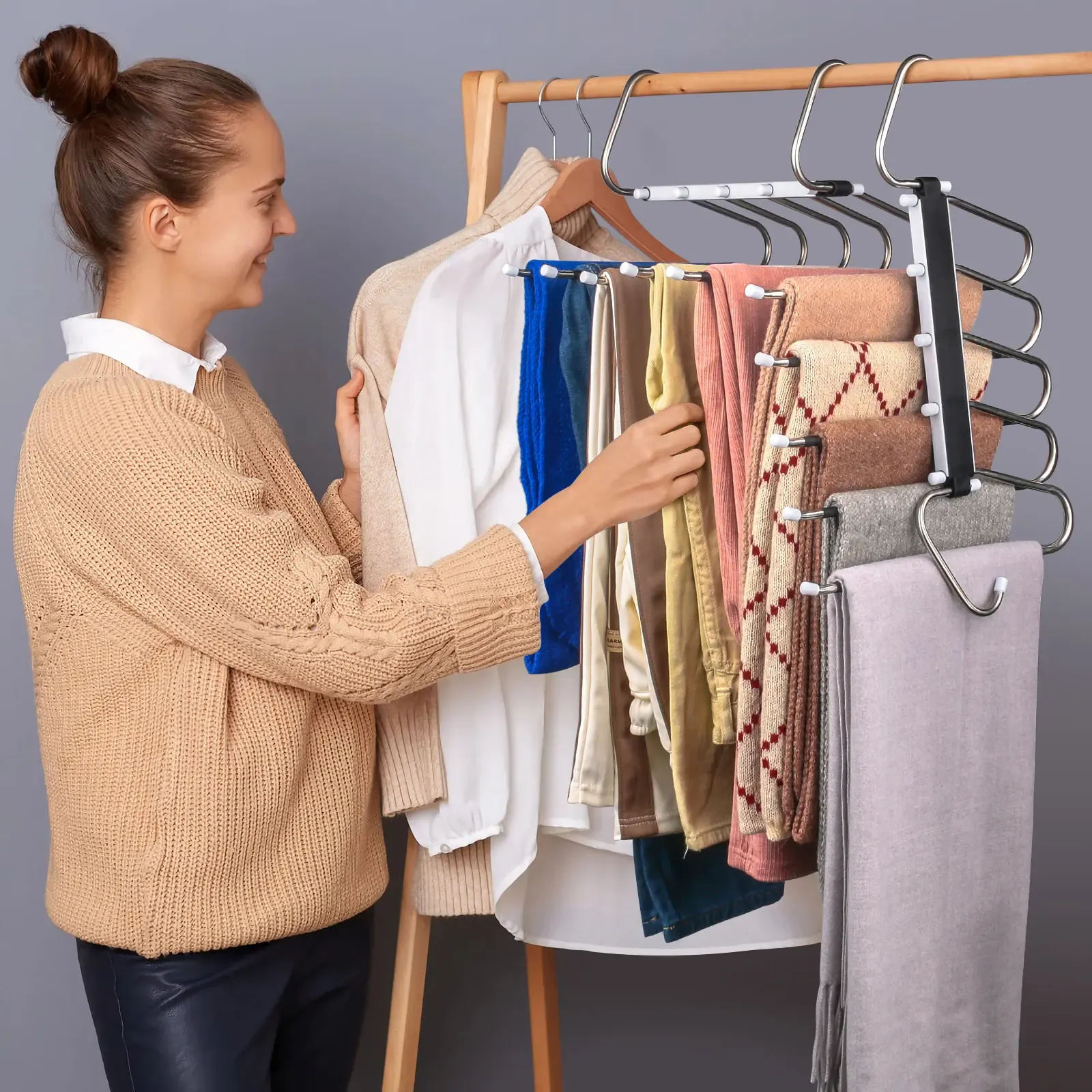 5‑Layer Multifunctional Stainless Steel Pants Hanger, Horizontal & Vertical Dual‑Use Non‑Slip Space‑Saving Closet Organizer for Pants Scarf Tie