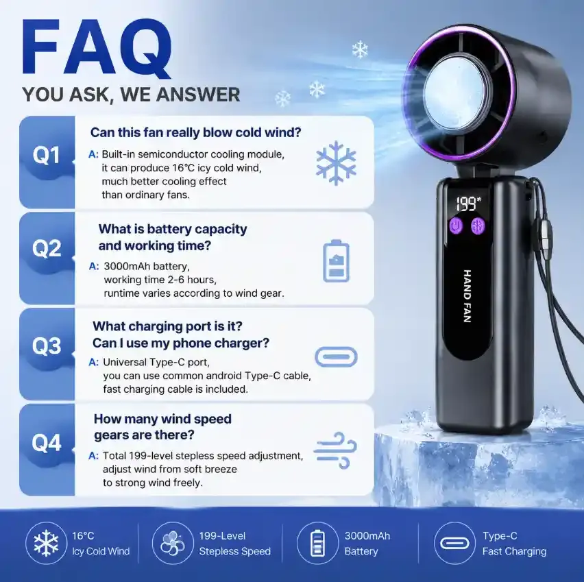 Handheld Semiconductor Cooling Fan 3000mAh Long Battery Life 199 Speed Gears LED Digital Display Portable Mini Cooling Fan
