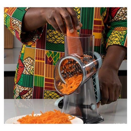 3-in-1 Manual Rotary Grater & Slicer — Hand Crank Vegetable Shredder with 3 Stainless Steel Drums & Suction Base for Salads, Coleslaw, Shito & Jollof Prep — No Power Needed, Transparent Blue