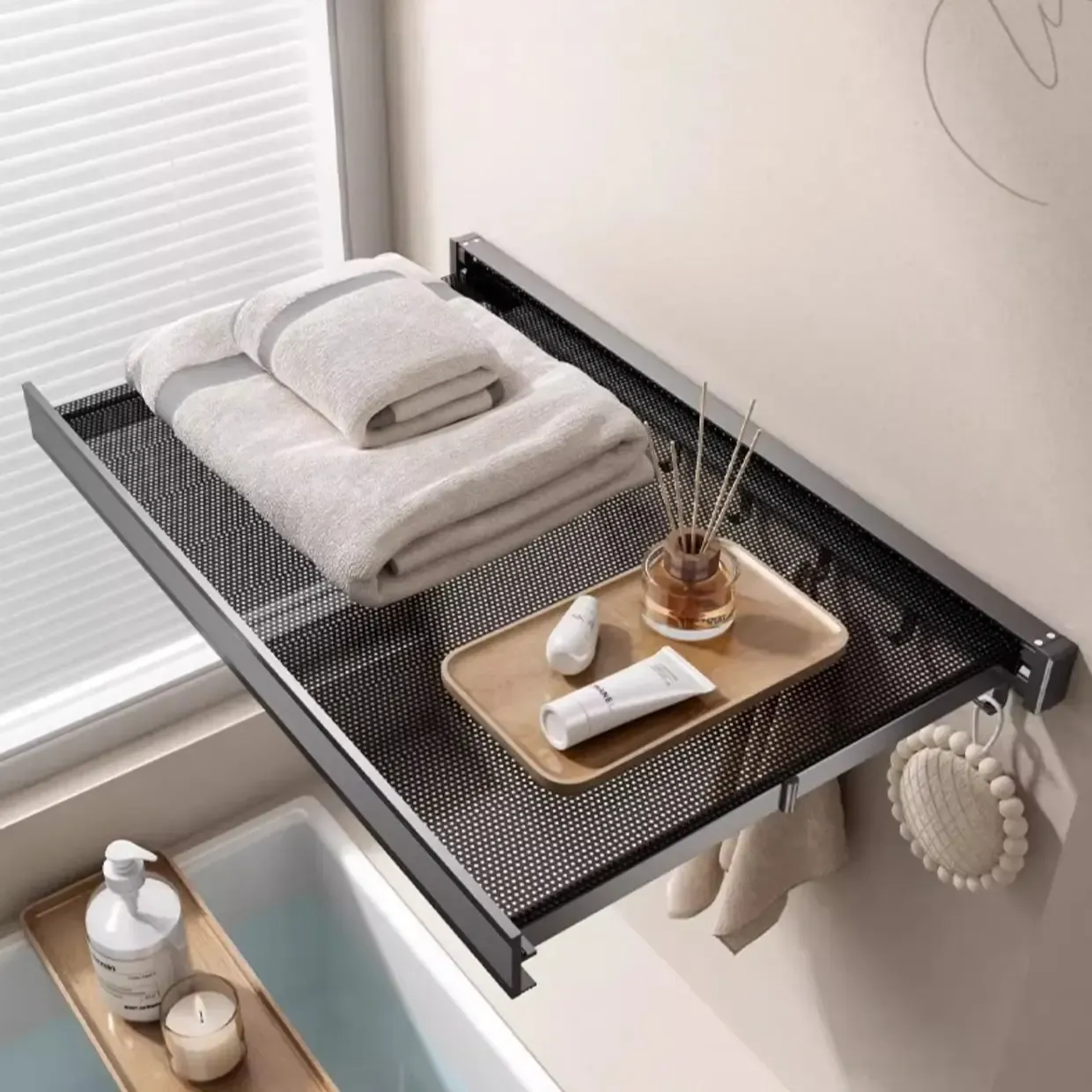 Invisible Foldable Wall Mount Drying Rack No Drill Thick Aluminum Retractable Towel Shelf Flat Dry Shoes Socks Underwear Storage for Balcony Bathroom