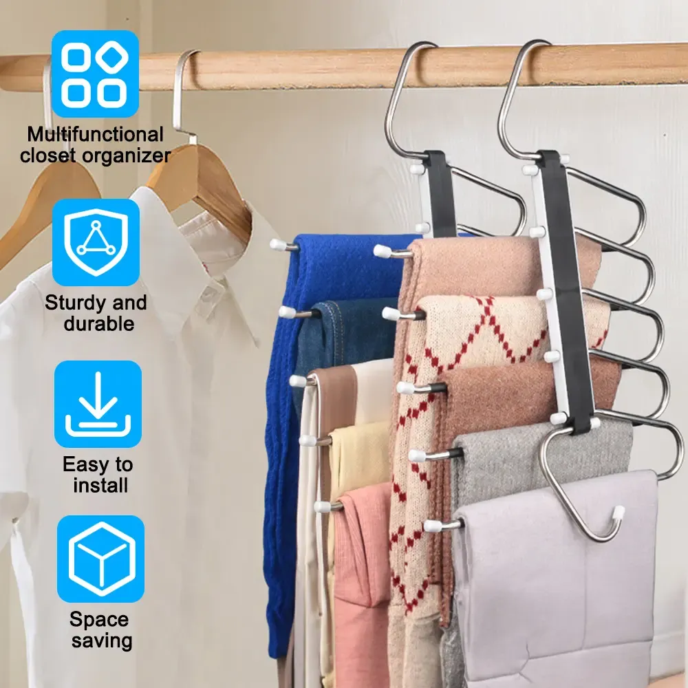 5‑Layer Multifunctional Stainless Steel Pants Hanger, Horizontal & Vertical Dual‑Use Non‑Slip Space‑Saving Closet Organizer for Pants Scarf Tie